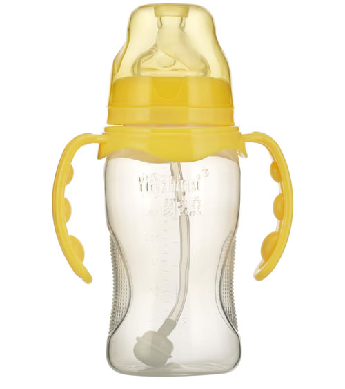 嬰之美寬口雙耳自動(dòng)弧形PP奶瓶270ML黃色