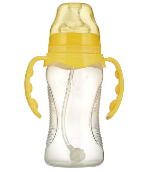嬰之美寬口雙耳自動弧形PP奶瓶300ML黃色
