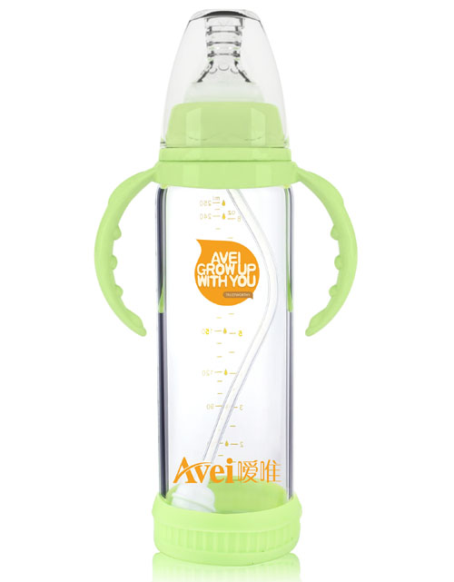 噯唯標(biāo)準(zhǔn)口徑帶柄自動高硼硅玻璃奶瓶(250ml)(帶安全硅膠套)