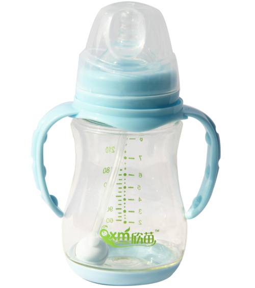 欣苗寬口帶手柄奶瓶藍色