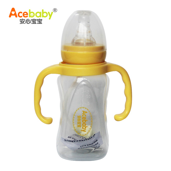 安心寶寶150ml標(biāo)口方圓適指形雙耳自動(dòng)PP奶瓶黃色手柄