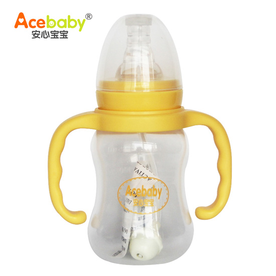 安心寶寶125ml標(biāo)口圓弧形雙耳自動(dòng)PP奶瓶黃色手柄