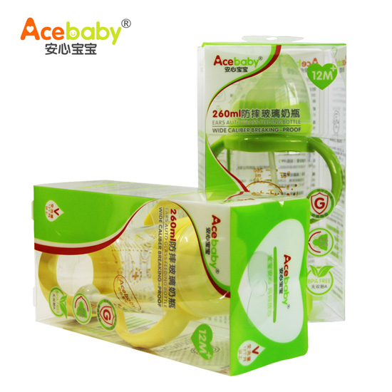 安心寶寶260ml防摔玻璃奶瓶黃色綠色盒裝