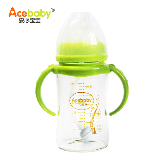 安心寶寶180ml寬口徑雙耳自動高硼硅玻璃奶瓶綠色