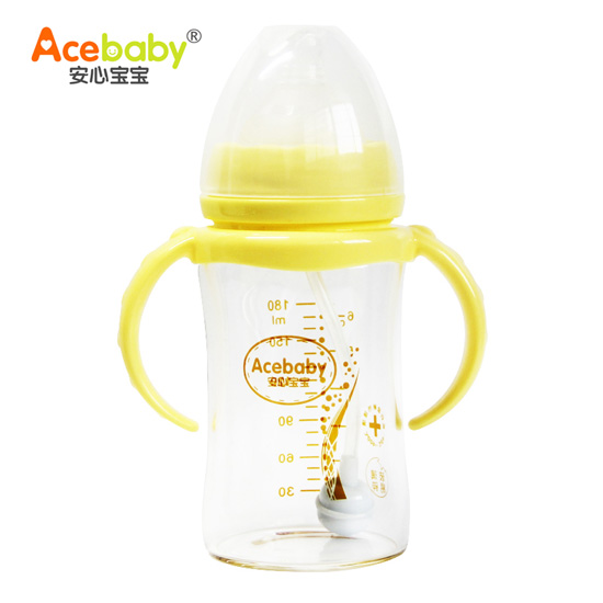 安心寶寶180ml寬口徑雙耳自動(dòng)高硼硅玻璃奶瓶黃色