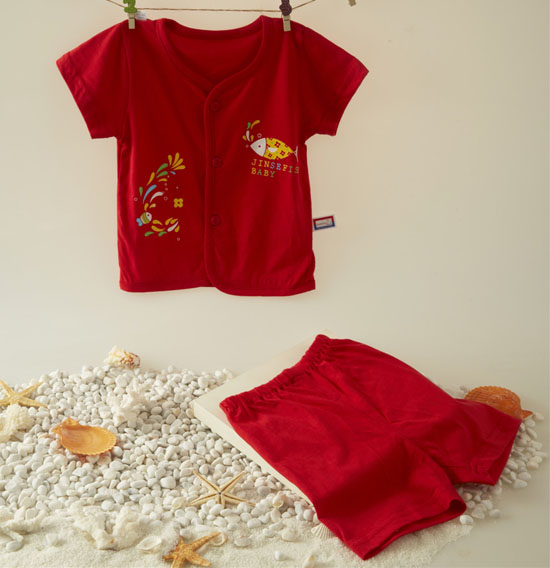 金色小魚純棉大紅短袖桃開套