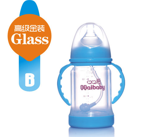 Q0愛寬口徑雙柄防爆晶鉆玻璃奶瓶150ML