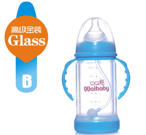 Q0愛寬口徑雙柄防爆晶鉆玻璃奶瓶180ML