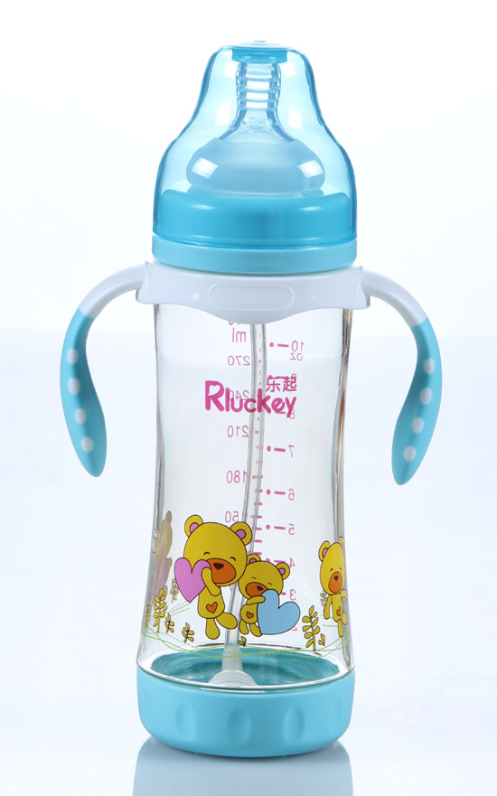 樂起帶柄寬口徑300ML防滑奶瓶藍(lán)色