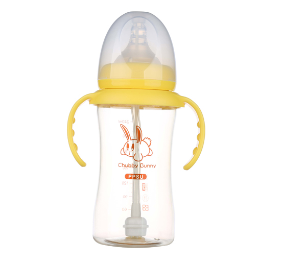 丘比兔PPSU寬口徑葫蘆型自動把手奶瓶240ML黃色
