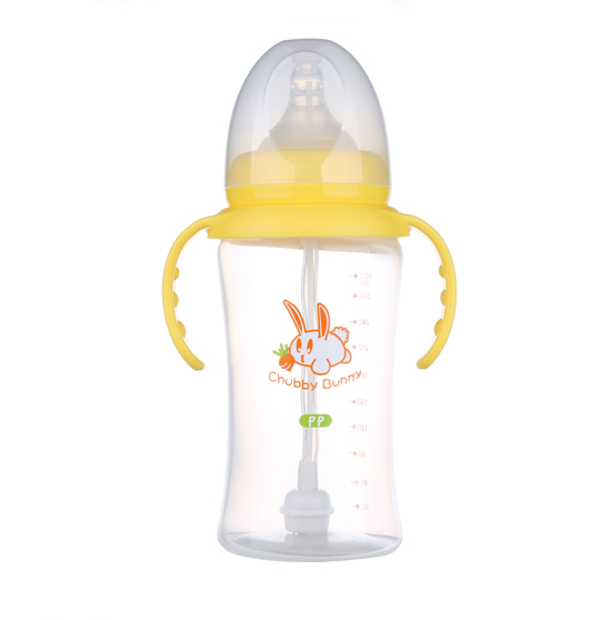 丘比兔PP寬口徑葫蘆型自動把手奶瓶300ML黃色