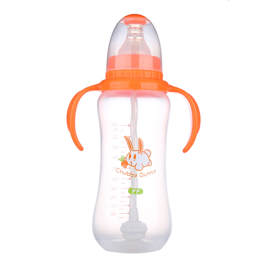 丘比兔PP標準口徑葫蘆型自動把手奶瓶240ML橙色