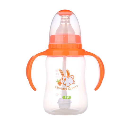 丘比兔PP標(biāo)準(zhǔn)口徑葫蘆型自動(dòng)把手奶瓶140ML橙色