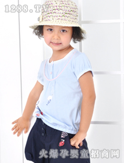 小豬班納藍色圓領短袖針織衫