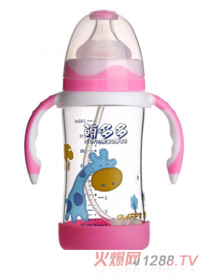 萌多多寬口直身晶鉆玻璃240ml雙色紅白底防護(hù)自動(dòng)奶瓶