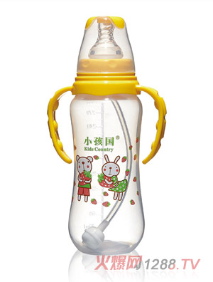 小孩國(guó)標(biāo)口自動(dòng)弧形PP安全奶瓶黃色300ML