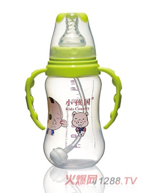 小孩國(guó)標(biāo)口自動(dòng)弧形PP安全奶瓶綠色210-ML