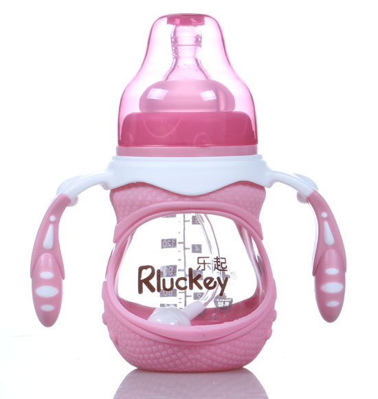 樂起180ml防摔玻璃奶瓶粉色帶柄
